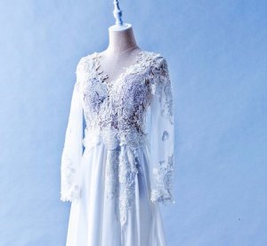 601W04 AD Long Sleeves Chiffon Deep V Top Malaysia Wedding Dress Designer Rental