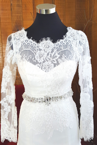 54 502W14 XJ Long Sleeves Straight Neck Full Lace A line Crystal Belt