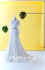 502W14 XJ Long Sleeves Straight Neck Full Lace A line Crystal Belt Wedding Dresss Malaysia Baju Pengantin KL