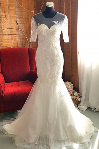 9 French Chantilly Lace 3/4 Sleeves Wedding Dress Mermaid Trumpet Baju pengantin Kahwin Malaysia Muslimah bride
