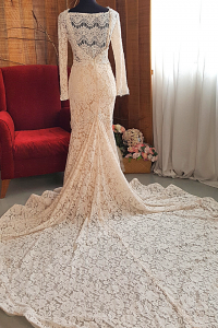 18 French Chantilly Lace Long Sleeves Champagne Wedding Dress Mermaid Trumpet Baju pengantin Kahwin Malaysia Muslimah bride NIkah