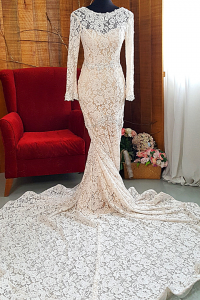 17 French Chantilly Lace Long Sleeves Champagne Wedding Dress Mermaid Trumpet Baju pengantin Kahwin Malaysia Muslimah bride