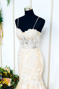 202BYW03 Kerona Champagne Spag chequered lace trumpet wedding evening dress Kuala Lumpur rental event