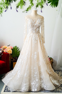 77LLW03 LL Hannah Long Sleeves Illusion Neck off shoulder Princess Champagne wedding dress rental malaysia