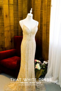 906LLE02 Thrisha Gold Spaghetti Strap full beadings sequins Trumpet Mermaid Bride Wedding Gown Premium Designer Malaysia rental