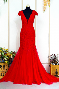202BYE01 Verona Red Cap Sleeves V neck Trumpet evening dress rental wedding reception malaysia