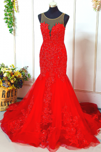 204LLE02 Maddie Red Illusion Deep V Button Back Trumpet Evening Dress Wedding Reception Chinese Malaysia Tea ceremony