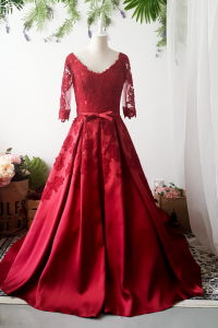 Evening Dress 603CSEL01 Maroon Long Sleeves Mikado Silk Satin Princess Event Reception Wedding Rental Plus Size Bride