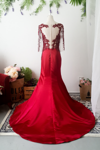 Evening Dress 610ELL01L Maroon Long Sleeves Illusion Satin Evening Dress L Event Reception Wedding Rental Plus Size Bride v