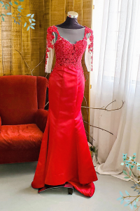 Evening Dress 610ELL01M Maroon Long Sleeves Illusion Satin Evening Dress M a Malaysia rental