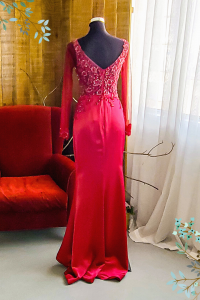 Evening Dress 610LLE02 LL Maroon Illusion Neckline Silk Satin b rental Malaysia