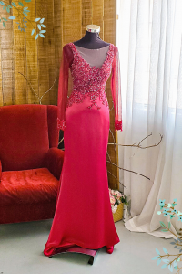 Evening Dress 610LLE02 LL Maroon Illusion Neckline Silk Satin rental Kuala Lumpur