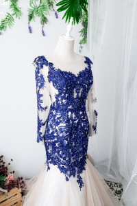 Evening Dress 711LLE01 LL TIfanny Navy Blue Illusion bodice trumpet  b Wedding Event Reception Dinner Dress rental Malaysia a