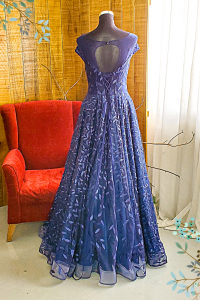 Evening Dress 711XNE05 Marinbla Navy illusion neckline leaf sequined A line wedding reception kahwin sewa