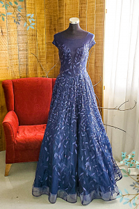 Evening Dress 711XNE05 Marinbla Navy illusion neckline leaf sequined A line wedding reception kahwin sewa