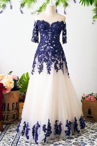 Evening Dress 801LLEL01 Plus Shirla Blue Quater sleeves Champange with blue lace A line  Plus size Bride Event Reception Dinner Dress rental Malaysia d