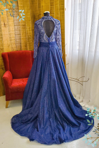 Evening Dress 807XNEL01 Plus Kelly Navy Blue High neck illusion Princess Tie b pengantin besar wedding kahwin