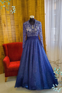 Evening Dress 807XNEL01 Plus Kelly Navy Blue High neck illusion Princess Tie kahwin pengantin sewa wedding reception