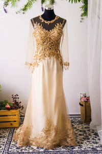 Evening Dress 812LLEL01 Shirley Gold long sleeves sheath gold leaves a Plus size Event Reception Dinner Dress rental Malaysia Pengantin Kahwin