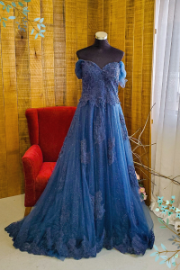 Evening Dress LZ608EL01 LZ Plus Navy Sweet Heart Alencon Lace A line a pengantin besar majlis kahwin