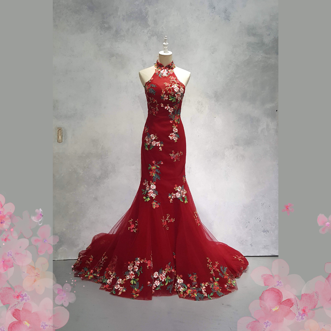 219EL01E03 May Cheong Sam Red Floral Halter 1 Oriental Cheong Sam Qi