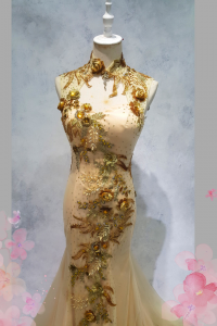 Evening Dress 401Ev09 Cheongsam Golden Roses (2) Oriental Cheong Sam Qi Pao rental Malaysia Kuala Lumpur Petaling Jaya