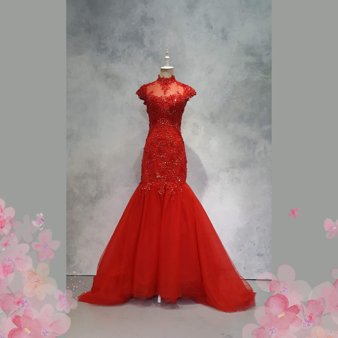 Evening Dress 503Ev01 IS Red Oriental Trumpet 27 Oriental Cheong Sam Qi