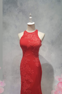 Evening Dress CC610E04 Red Halter Back illusion French Lace Chiffon 40 Oriental Cheong Sam Qi Pao rental Malaysia Kuala Lumpur Petaling Jaya