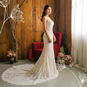 202BYW01 Cerona Skin Illusion Baroque lace trumpet sheath Button Bride Wedding Gown Premium Designer Malaysia rental