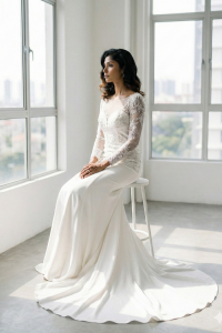 211BY11W03 Ashley Long Sleeves Silk Satin Lace Sheath Silver trumpet Long Sleeves Wedding Dress Rental Kuala Lumpur, Beach Wedding Malaysia