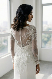 211BY11W03 Ashley Long Sleeves Silk Satin Lace Sheath Silver trumpet Crepe Wedding Dress Rental Kuala Lumpur, ROM wedding gown Kuala Lumpur