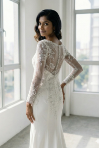 211BY11W03 Ashley Long Sleeves Silk Satin Lace Sheath Silver trumpet Malay Bride Malaysia, Bridal Dress rental Petaling Jaya