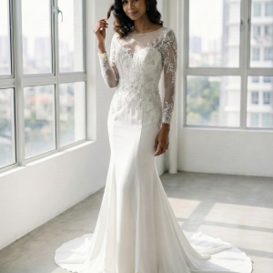 211BY11W03 Ashley Long Sleeves Silk Satin Lace Sheath Silver trumpet Malay Bride Malaysia, Baju Pengantin Majlis Kahwin Sewa Malaysia