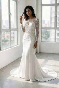 211BY11W03 Ashley Long Sleeves Silk Satin Lace Sheath Silver trumpet Malay Bride Malaysia, Baju Pengantin Majlis Kahwin Sewa Malaysia