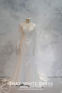 224EL04W01 Gigi2 LS Crepe illusion neck floral lace Wafa White Long Sleeves Wedding Dress Rental Malaysia, Pengantin Muslimah Malaysia, Muslim Bride Malaysia, Church wedding dress long Sleeves Malaysia