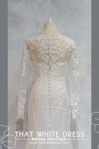 224EL04W01 Gigi2 LS Crepe illusion neck floral lace Wafa White Malay Wedding Dress Design Kuala Lumpur, Long Sleeves Wedding Dress Rental Malaysia, Bridal Dress Rental Malay Kuala Lumpur Rental, Petite Pengantin Gaun Sewa Malaysia
