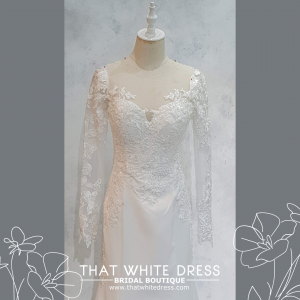 224EL04W01 Gigi2 LS Crepe illusion neck floral lace Wafa White Net Long Sleeves Wedding Dress Rental Malaysia, Pengantin Muslimah Malaysia, Muslim Bride Malaysia, Church wedding dress long Sleeves Malaysia