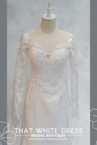 224EL04W01 Gigi2 LS Crepe illusion neck floral lace Wafa White Net Long Sleeves Wedding Dress Rental Malaysia, Pengantin Muslimah Malaysia, Muslim Bride Malaysia, Church wedding dress long Sleeves Malaysia