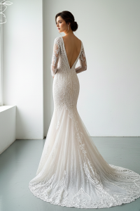 71LLW02 LL Long Sleeves Geometry Trumpet Low V back AI d Bridal Gown rental Pengantin Gaun Sewa Petaling Jaya