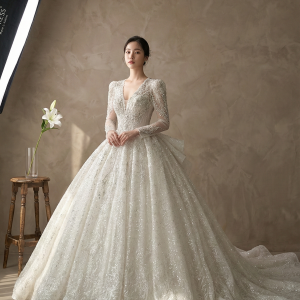Wedding Dress Rental  Malaysia Aya - V Neck Long Sleeves Princess with Full sequins and Embroidery | KL & PJ, MALAYSIA