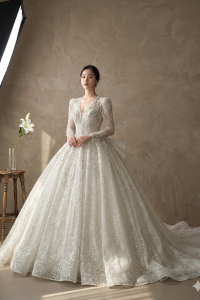 Wedding Dress Rental  Malaysia Aya - V Neck Long Sleeves Princess with Full sequins and Embroidery | KL & PJ, MALAYSIA