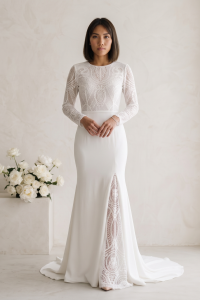 211BY10W03 Isabelle LS Sheath Crepe Scallop top Model 3