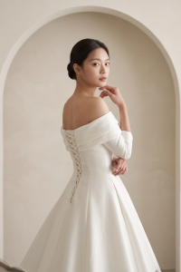 203BYW03 Saleena Off shoulder LS Duchess Satin Princess Model 4