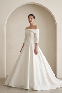 203BYW03 Saleena Off shoulder LS Duchess Satin Princess Model 2